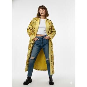 VTG 60s Quilted Housecoat Yellow Satin Floral Chinoiserie Duster Robe Hong Kong